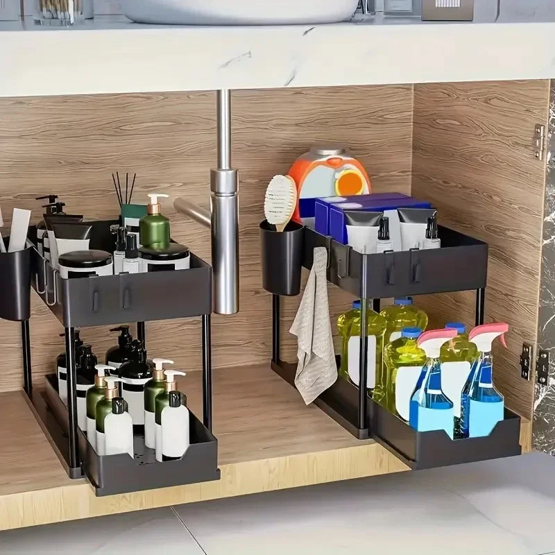 2-Tier Multi-Function Kitchen Sink Organizer with Sliding Drawers and Hooks
