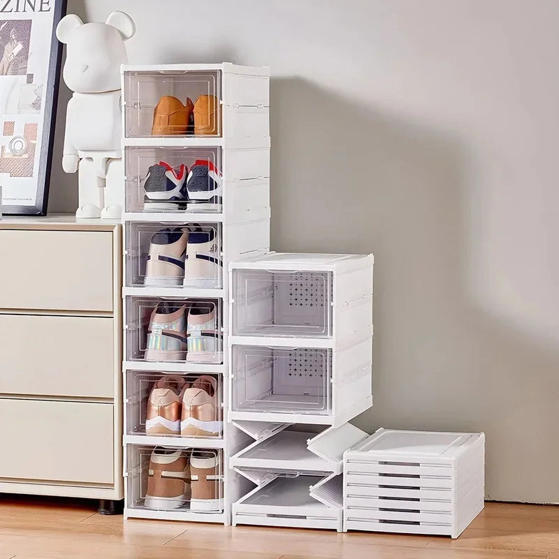 Foldable Shoe Storage Box 3/6 Layers Clear Stacking Shoe Organizer Dustproof