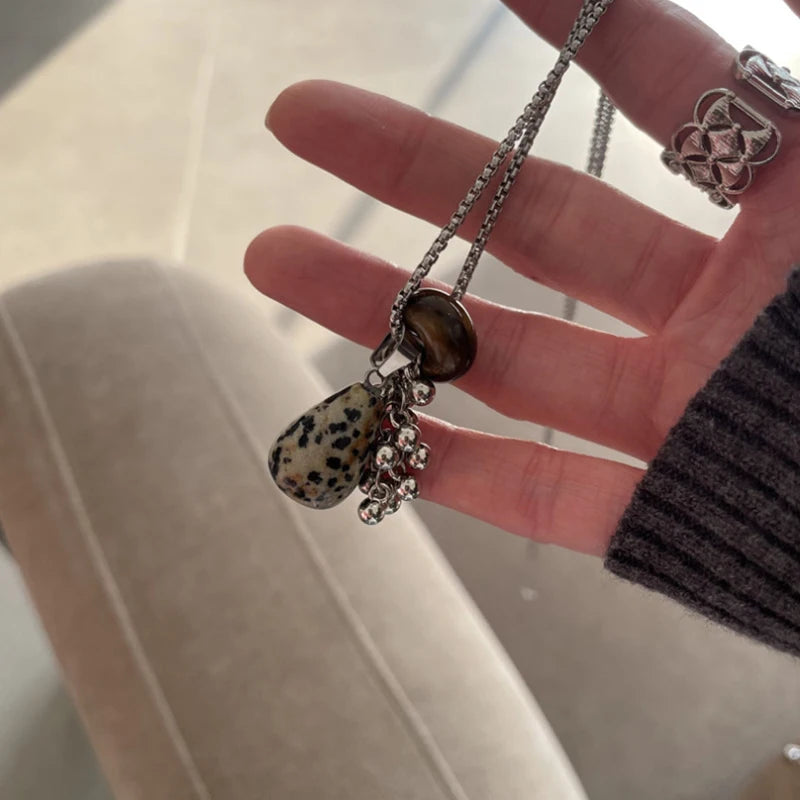 Irregular Tiger Eye Stone Pendant Necklace for Women Long Chain Jewelry