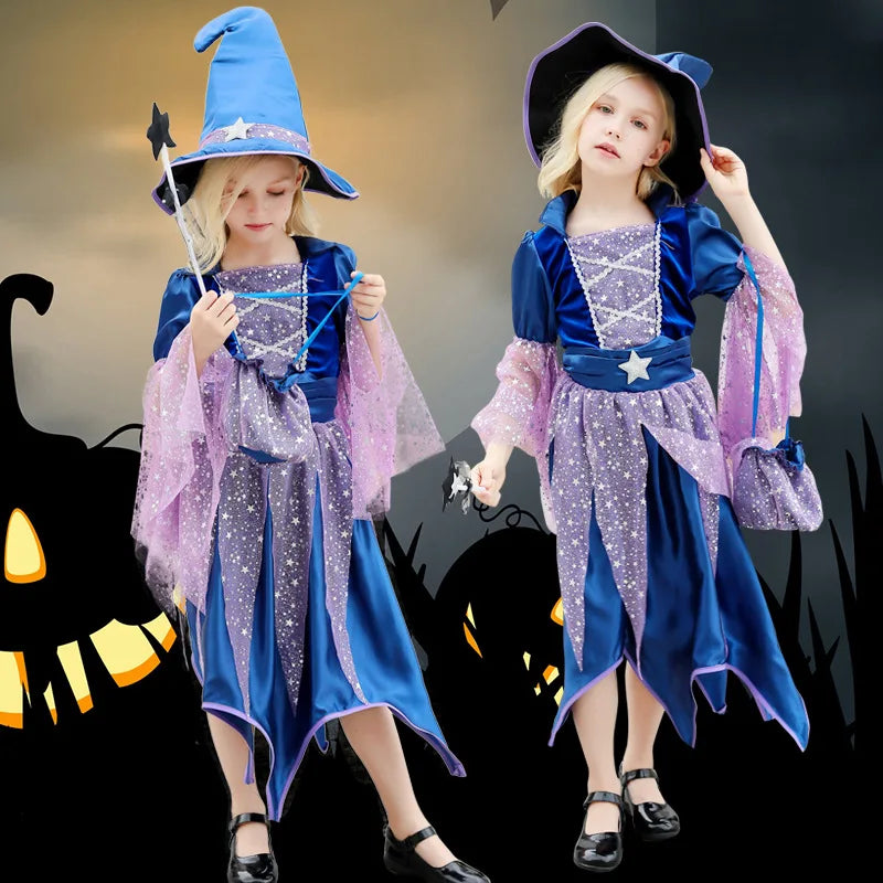 Girls Witch Costume Dress with Hat, Wand & Bag for Halloween Party Kids Cosplay