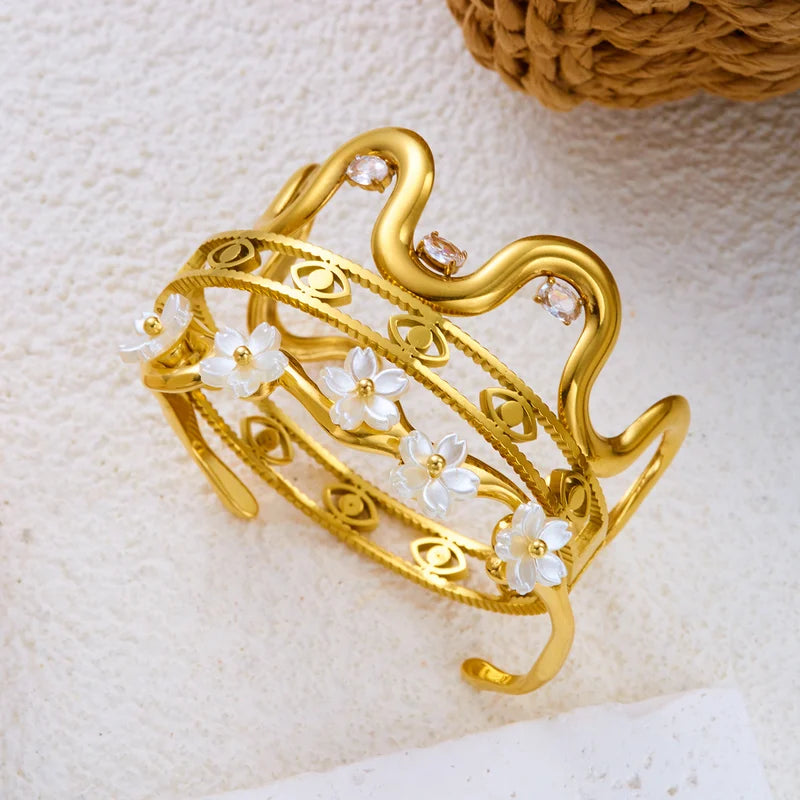Women’s Gold Plated Stainless Steel Evil Eye Bracelet Wavy Shell Flower Open Bangle Waterproof Jewelry