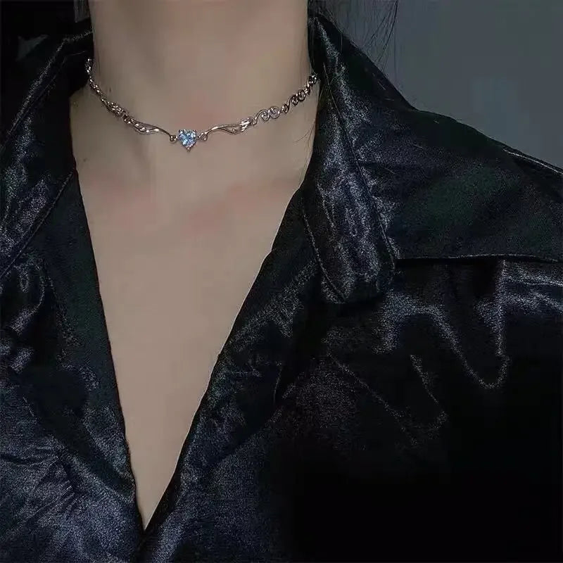 Minimalist Heart & Angel Wings Pendant Necklace Silver Tone with Cubic Zirconia