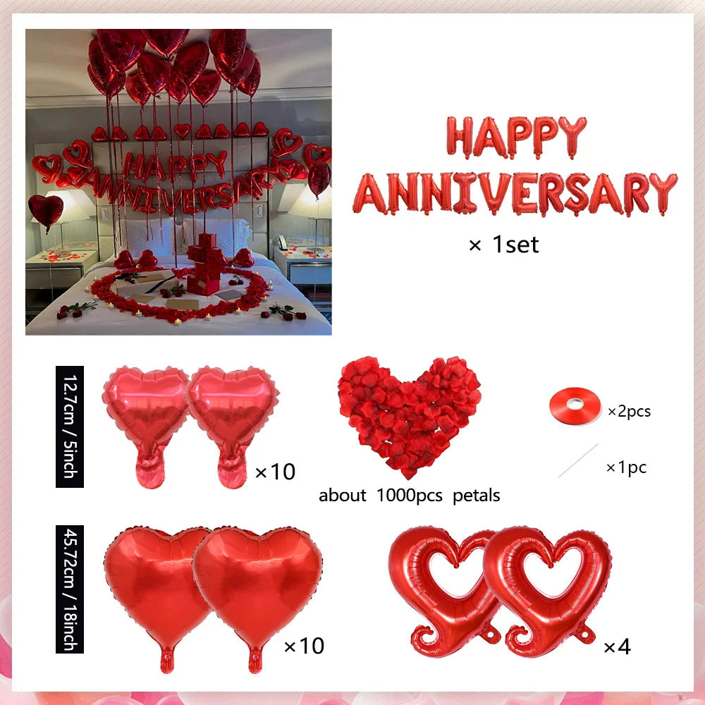 Anniversary Balloon Banner Rose Petals Decor for Wedding & Valentine