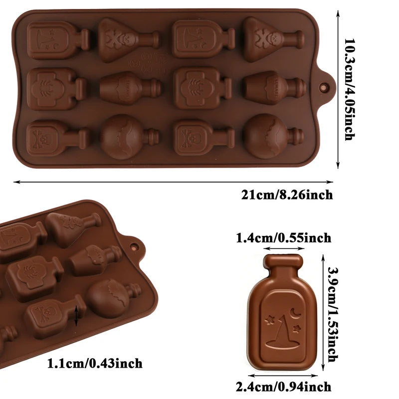 Halloween Witch Magic Potion Bottle Silicone Mold with Skull Bat Patterns for Resin and Chocolate Crafts