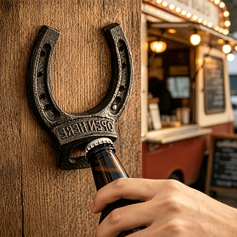 Rustic Cast Iron Horseshoe Bottle Opener Wall Mount Vintage Beer Cap Opener
