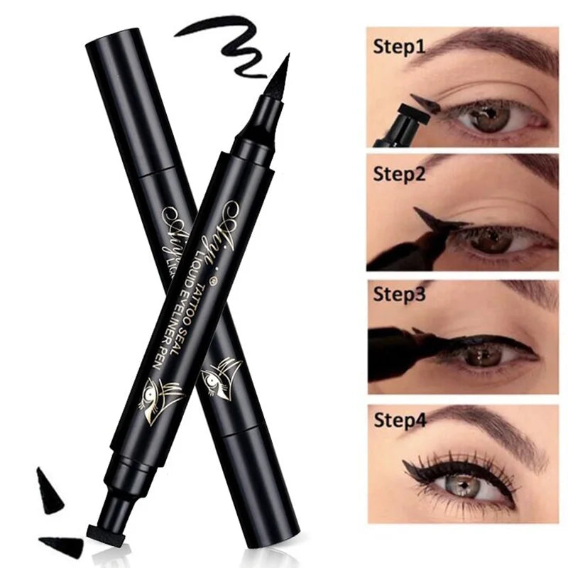 Double-Ended Waterproof Liquid Eyeliner Stamp Pen - Fast-Drying, Smudge-Proof, Long-Lasting Black