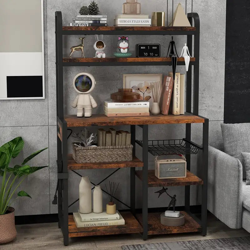 6-Tier Kitchen Storage Rack with Wire Baskets and Dual Outlets - Microwave Stand & Organizer