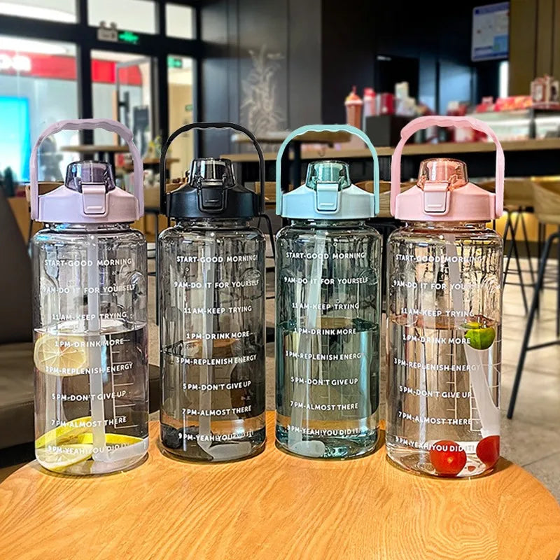 Large 2L Plastic Water Bottle with Motivational Time Markers & Silicone Straw