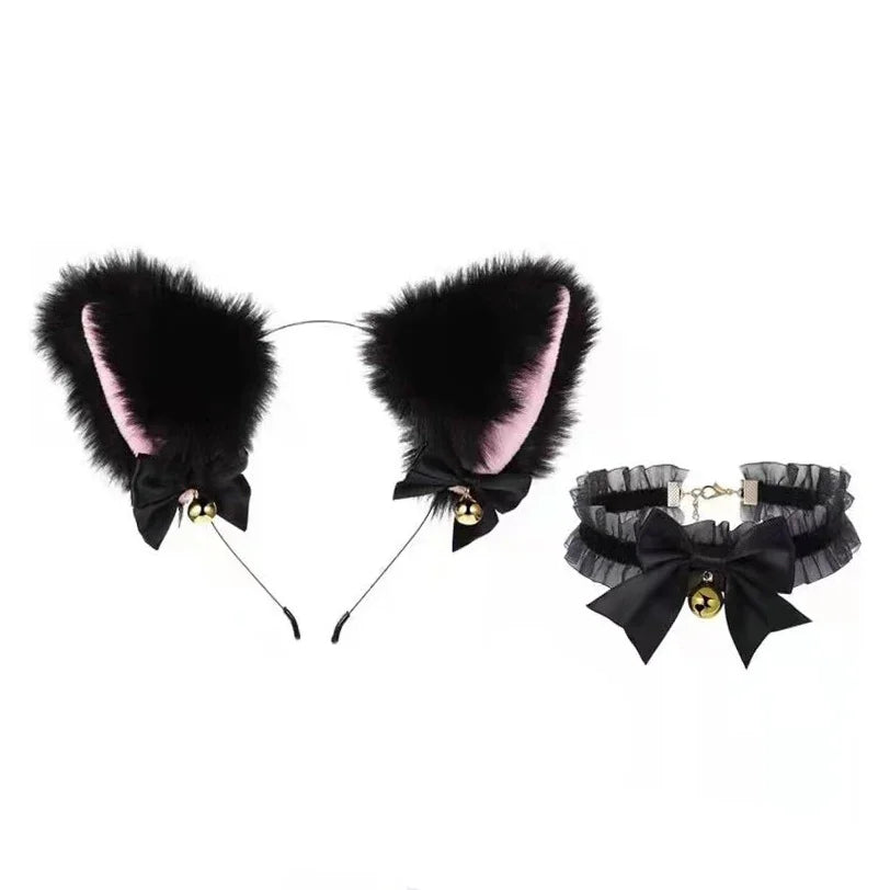 Halloween Cat Ears Headband & Necklace Set for Cosplay Costume - Black & White