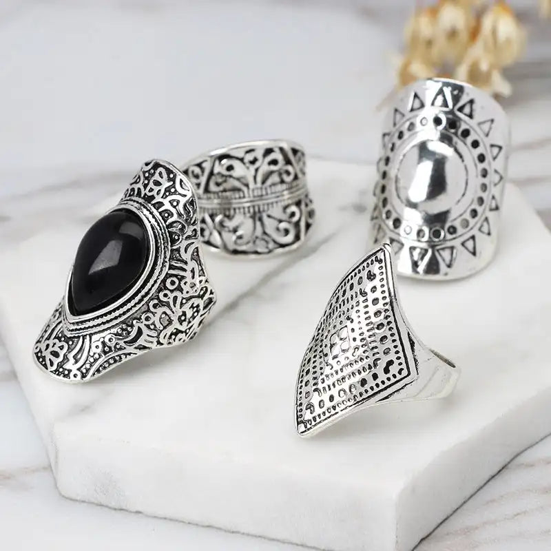 Vintage Silver Plated Boho Ethnic Midi Knuckle Rings 4-Piece Set Women Jewelry