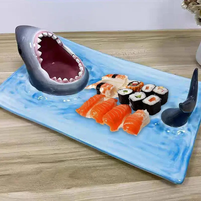 Shark-Shaped Ceramic Plate for Sushi Snacks and Decorative Tableware - Blue Grey