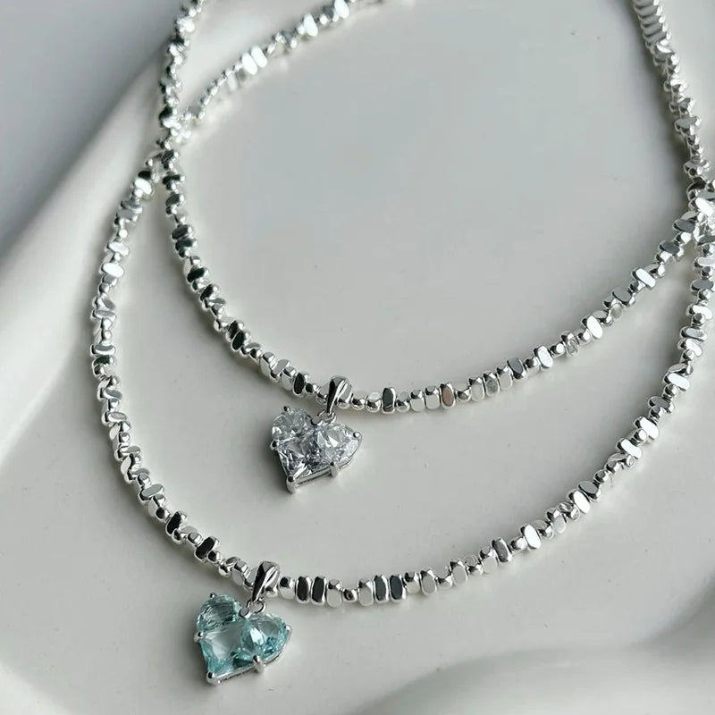 Exaggerated Irregular Beads Chain with Crystal Heart Pendant Necklace for Women Valentine's Gift
