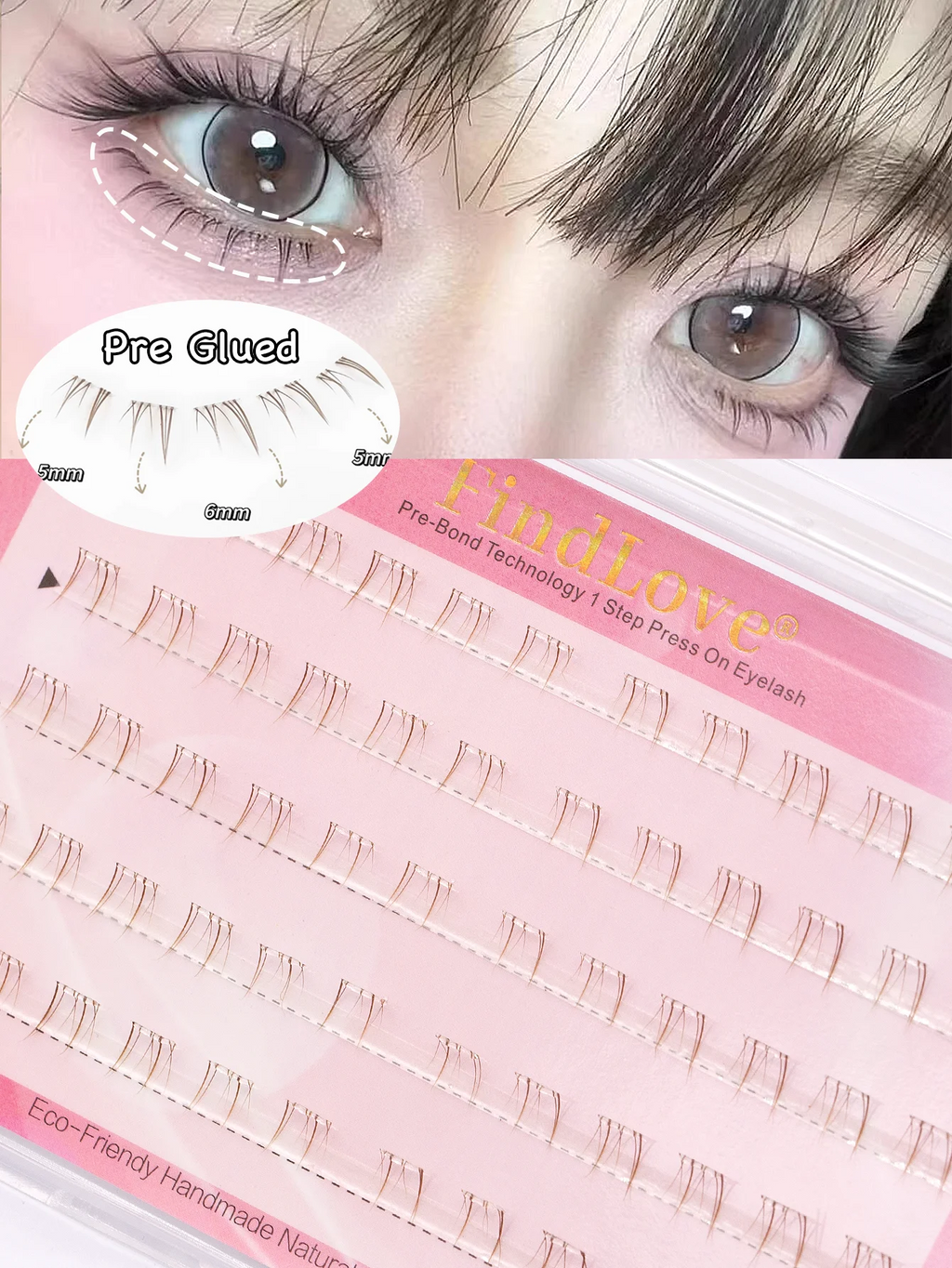 DIY Press-On No Glue Eyelash Extensions - 5 Rows Brown Natural Look 60pcs