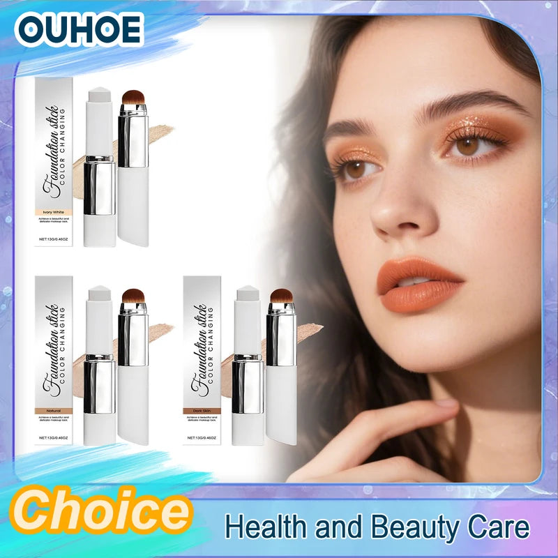 2-in-1 Color-Changing Foundation Stick with Brush - Lightweight, Long-Lasting, Natural Finish