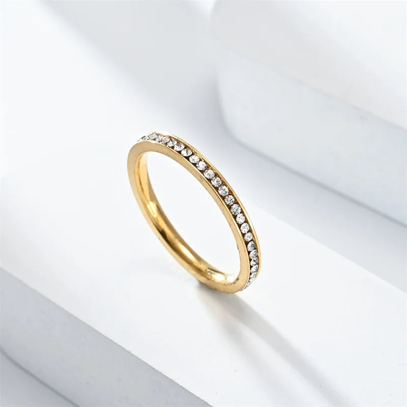 2mm Iced Out Bling Ring for Women Silver Plated Stainless Steel Engagement Jewelry