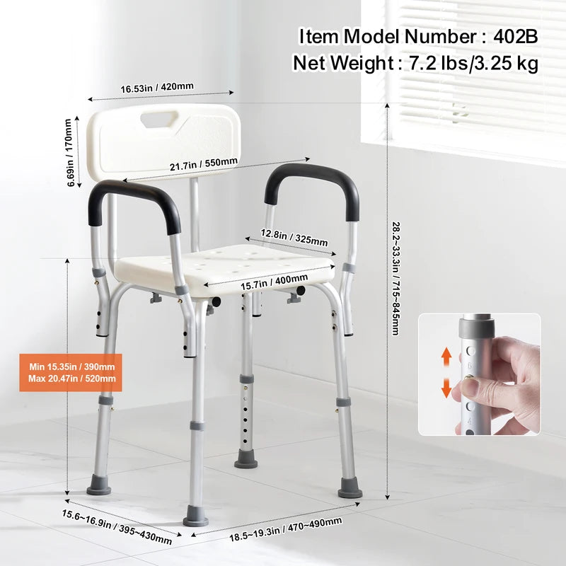 Adjustable Shower Chair with Backrest - Non-Slip Bathtub Seat for Elderly & Disabled, 350 LBS Capacity