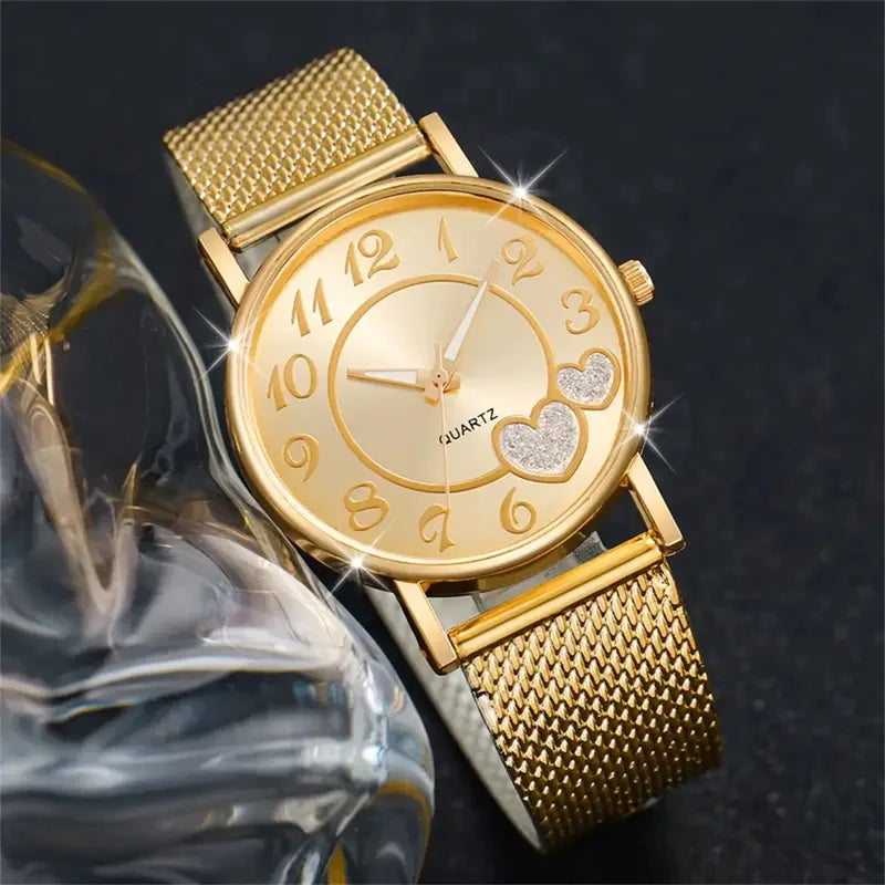 Heart Women's Watch Set with Butterfly Jewelry - Golden Quartz, Resin Band, Analog