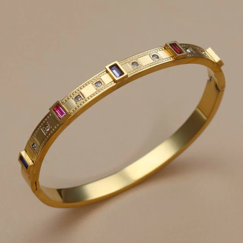 Square Coloured Zircon Stainless Steel Stacking Bracelet for Women