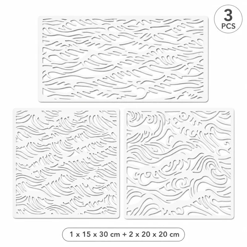 Wave Stencil Set for DIY Wall Wood Fabric Painting - Reusable Templates, 3 Pieces