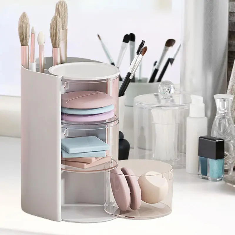 Rotatable Makeup Organizer Case with Multiple Drawers - Cosmetic Storage Box