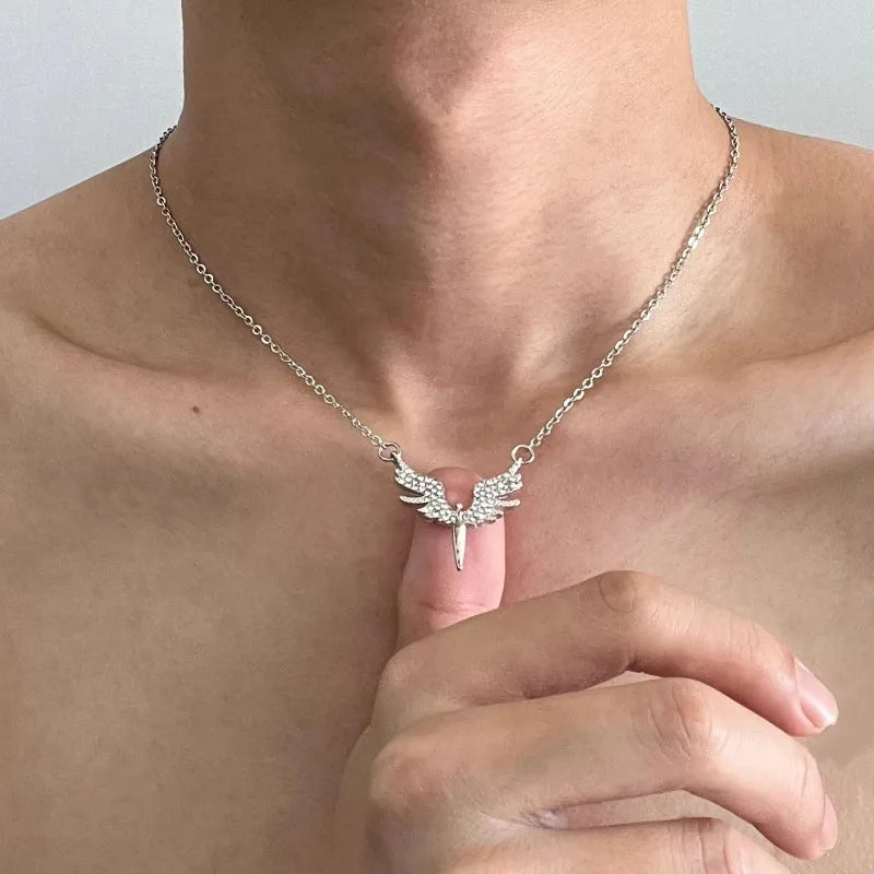 Silver Angel Wings Pendant Necklace - Unique Clavicle Chain Choker Jewelry