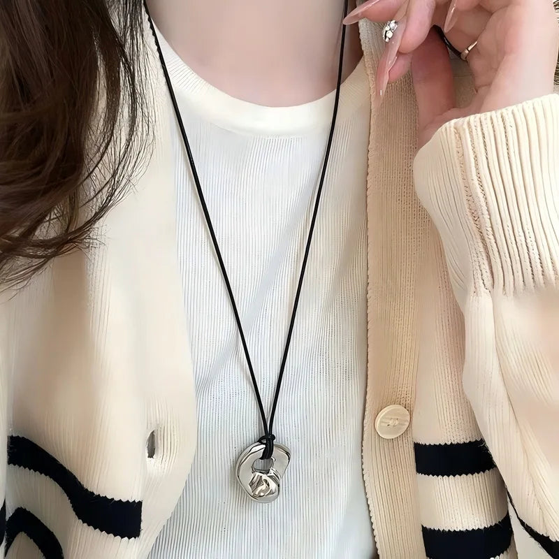 Trendy Irregular Metal Pendant Necklace for Women and Couples with Adjustable Snake Chain and Leather