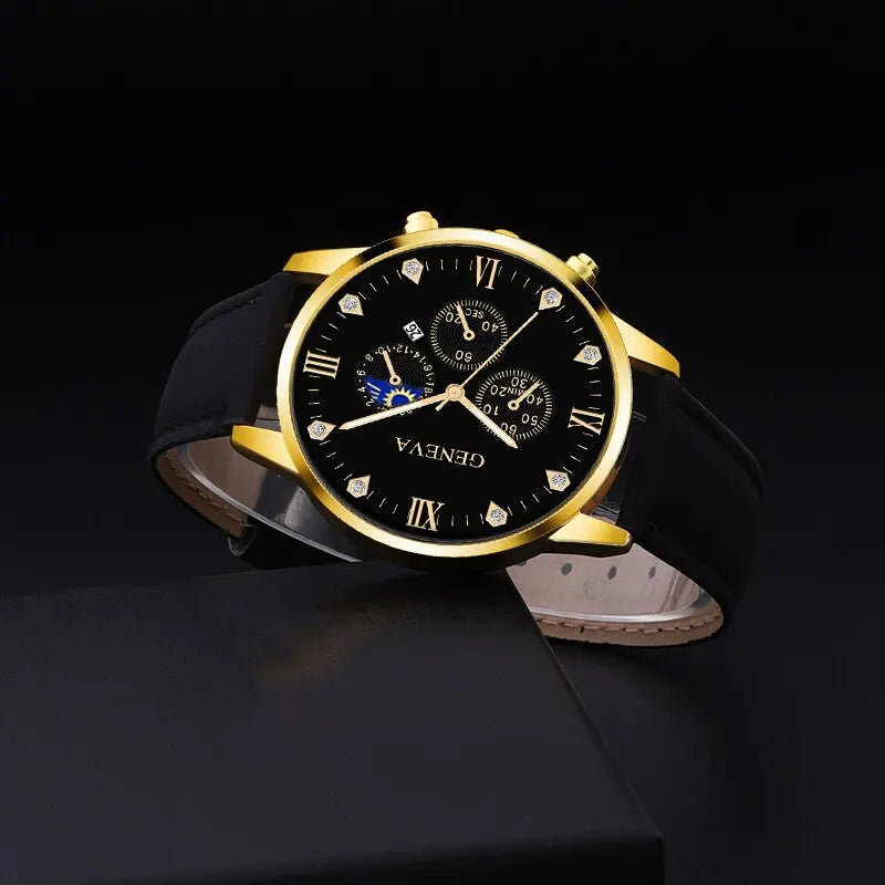Men's Luxury Quartz Watch Set - Business Casual Round Dial with Calendar - 2 Pieces