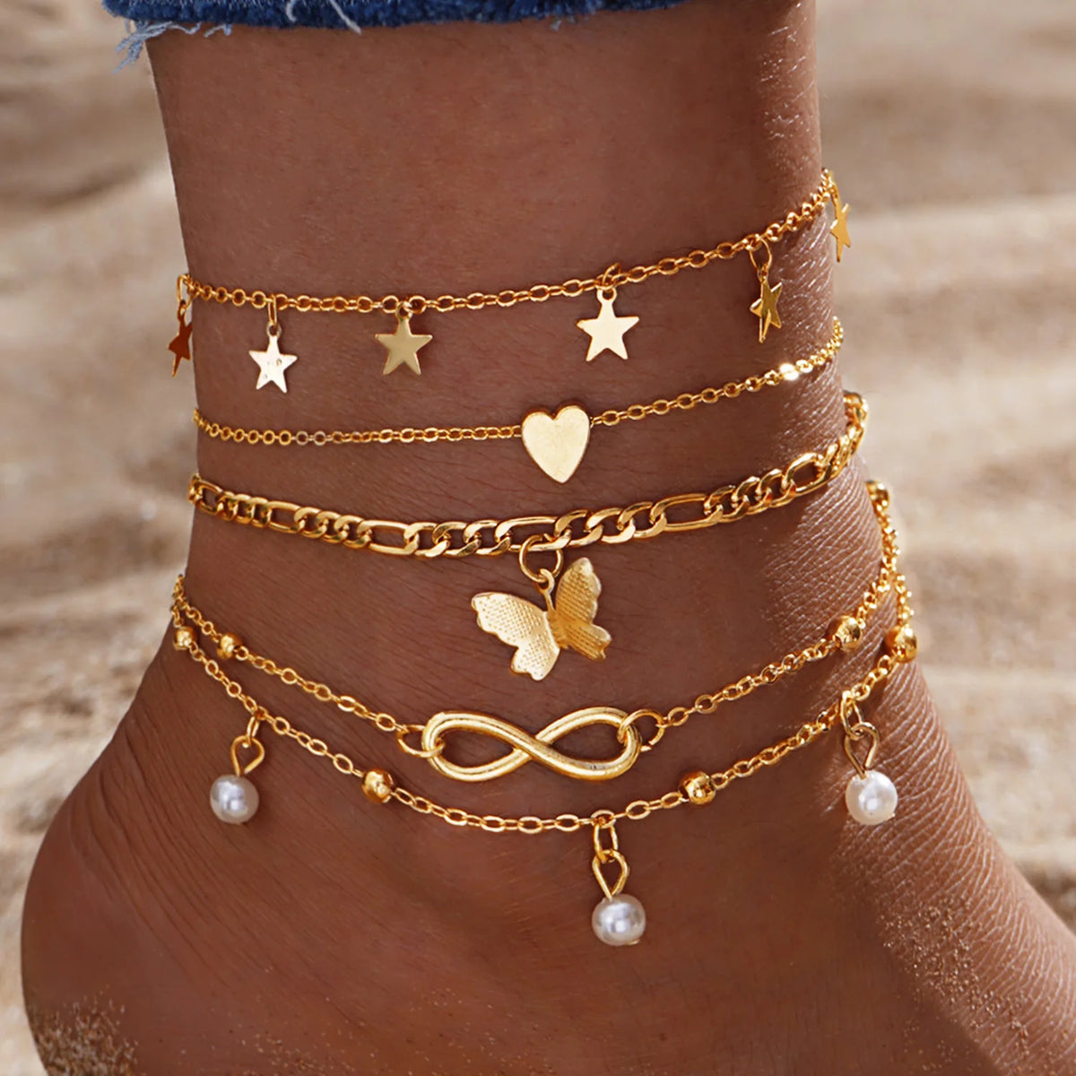5Pcs Retro Multilayer Tassel Anklet Set for Women Beach Jewelry Bohemia Vintage Foot Accessories