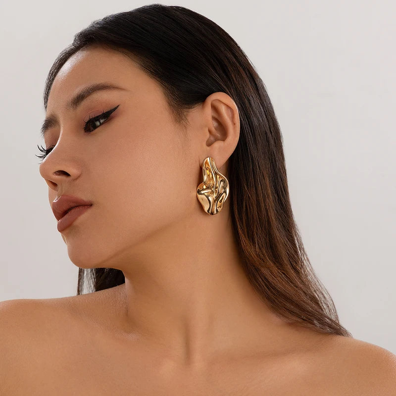 Irregular Metal Pleated Earrings for Women - Gold Tone Party Jewelry
