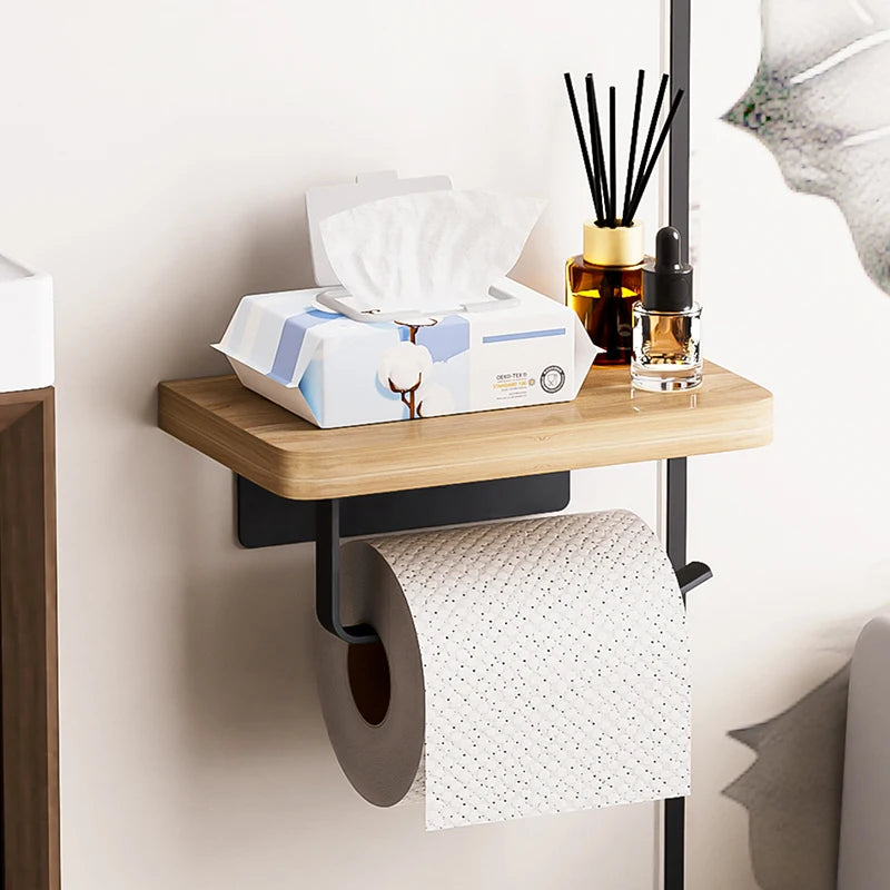 Solid Wood Toilet Paper Holder No Punch for Bathroom Tissue and Paper Roll