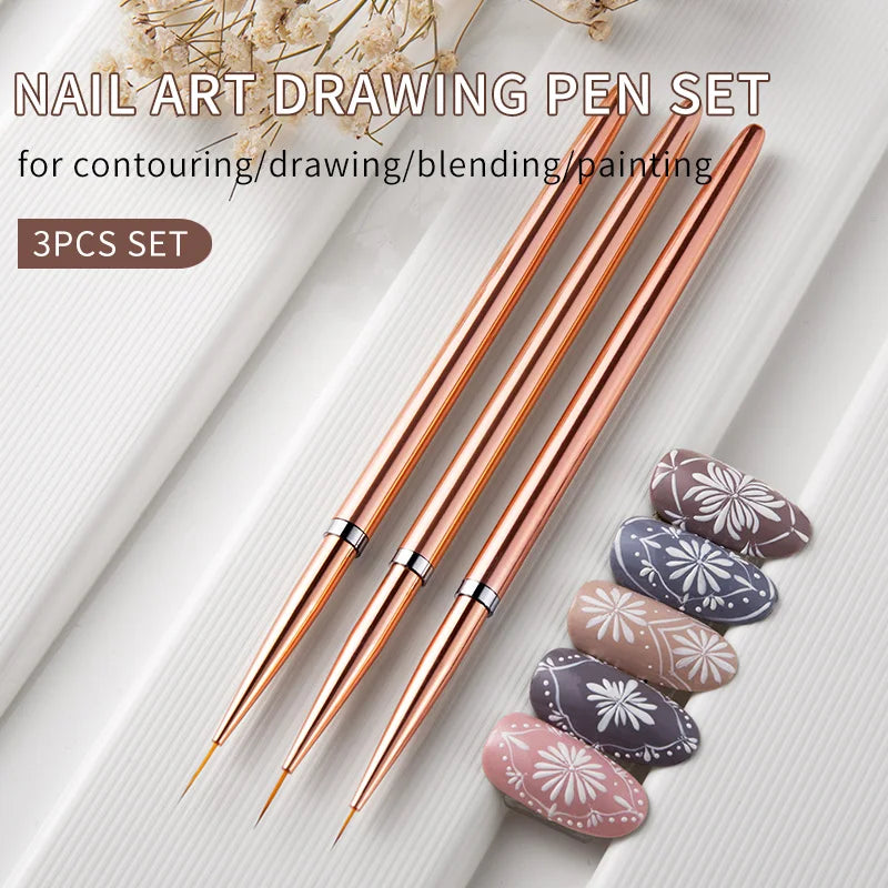Rose Gold Nail Art Brushes Set - Fine Line & Flower Painting Manicure Tools