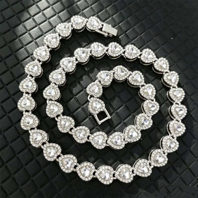 Luxury Crystal Heart Cuban Link Chain Bracelet Necklace Set - Hip Hop CZ Jewelry
