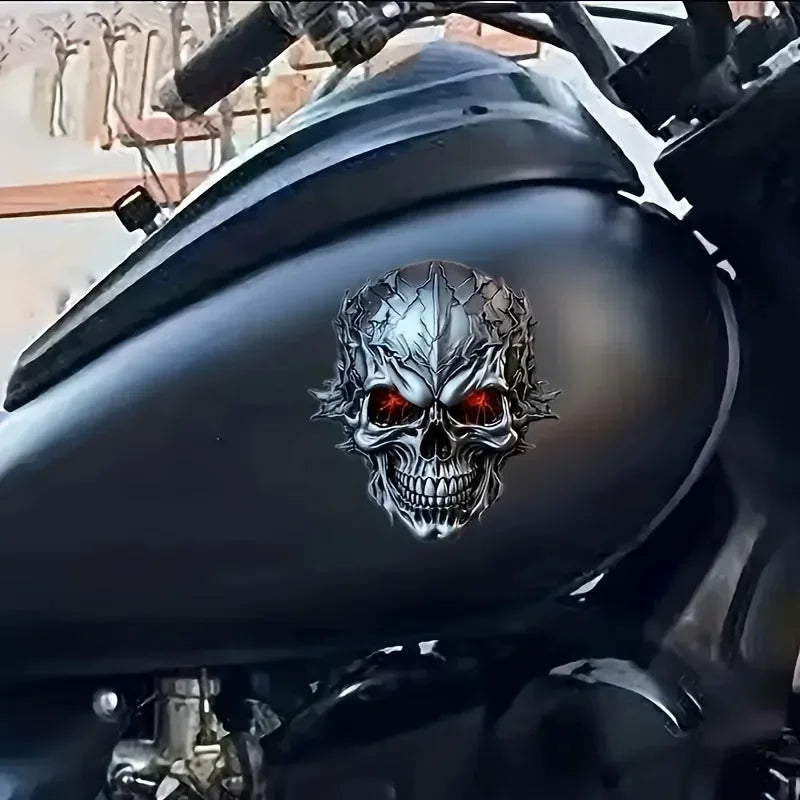 Halloween 3D Metal Skull Decal with Red Glowing Eyes - Durable Vinyl Sticker for Cars Motorcycles Bicycles