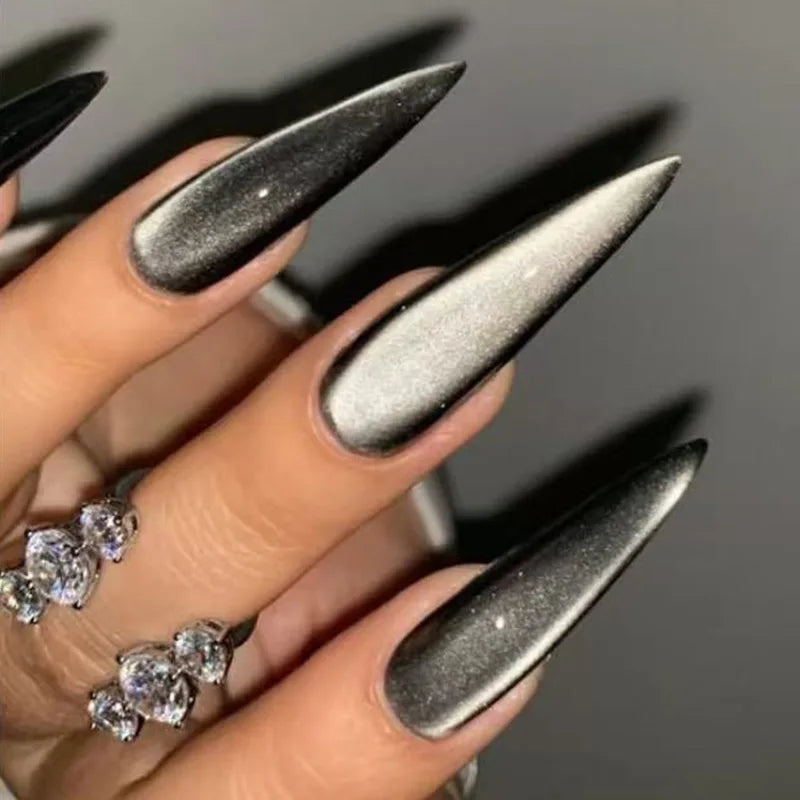 24Pcs Solid Color False Nail Set with Cats Eye Design, Long Stiletto Press-On Tips