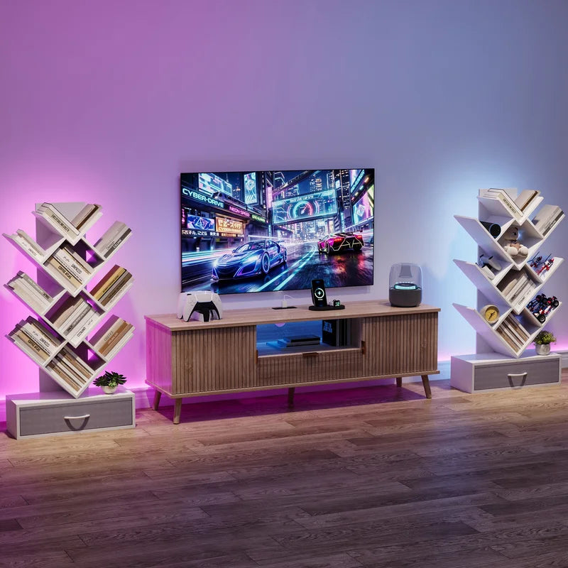 Tree Bookshelf with LED Lights 7-Tier Narrow Bookcase Storage Rack for Small Spaces