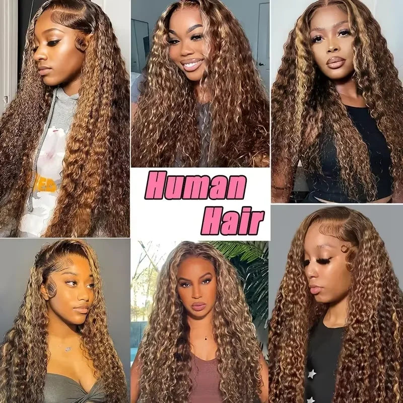 Deep Wave Human Hair Wig 360 Full Lace Front with Hidden Strap Blonde Highlights
