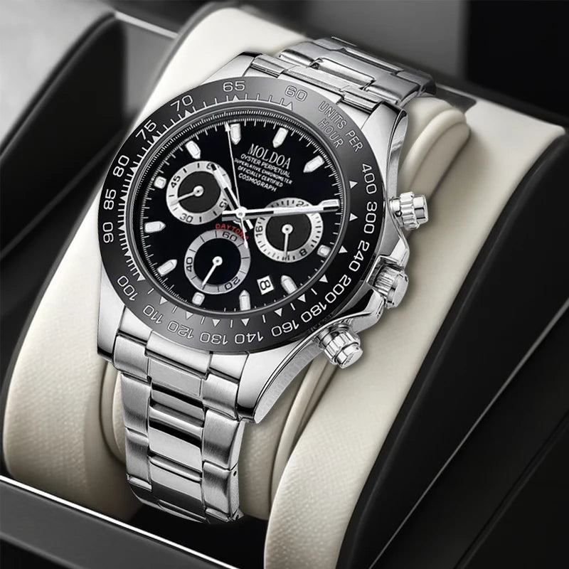 Men's Silver Steel Strap Trendy Business Quartz Watch with Multi-Function