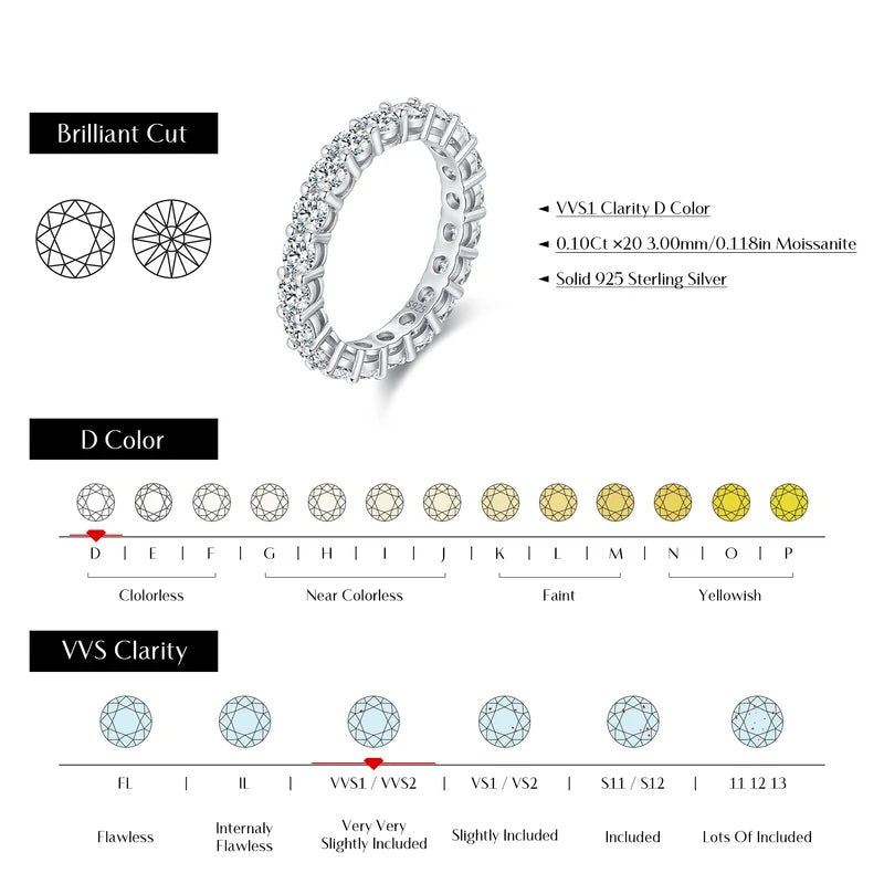 D Color Moissanite Eternity Band Ring 925 Sterling Silver Stackable Jewelry for Women