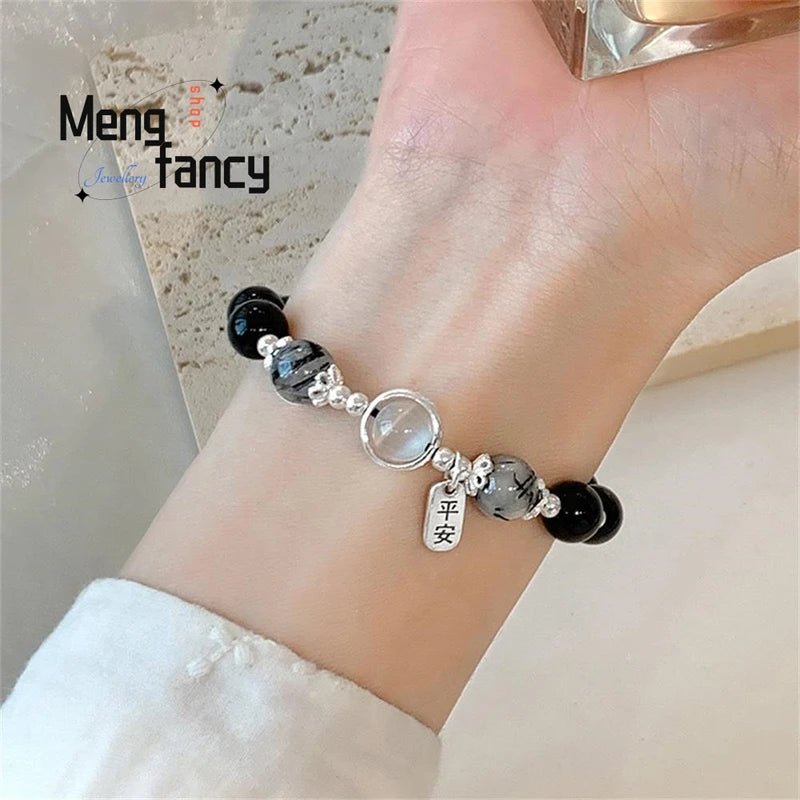 Black Obsidian Hair Crystal Bracelet for Women - Fashion Jewelry Gift Set