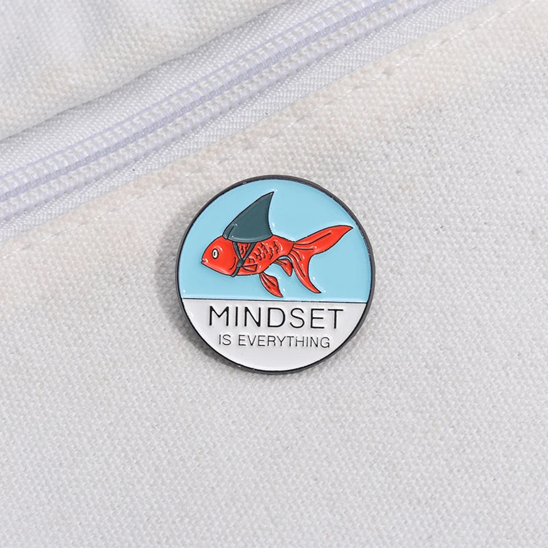 Set of 2 Positive Quote Enamel Pins - Fish & Shark Gold-Tone Brooches for Kids & Friends