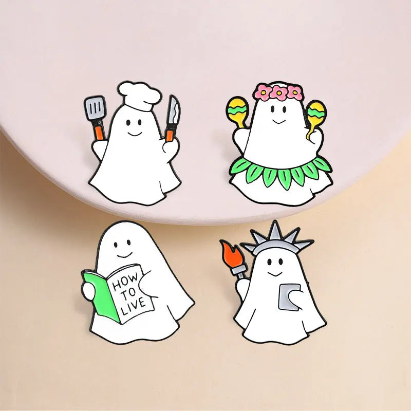 Set of Halloween Enamel Pins - Skeleton Ghost Grim Reaper Cat Voodoo Brooches Halloween Jewelry Gift
