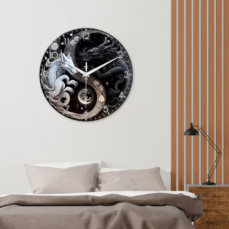 Glass Wall Clock with Dragon Design - Black and White Mythology Wall Decor - Quiet Home Clock