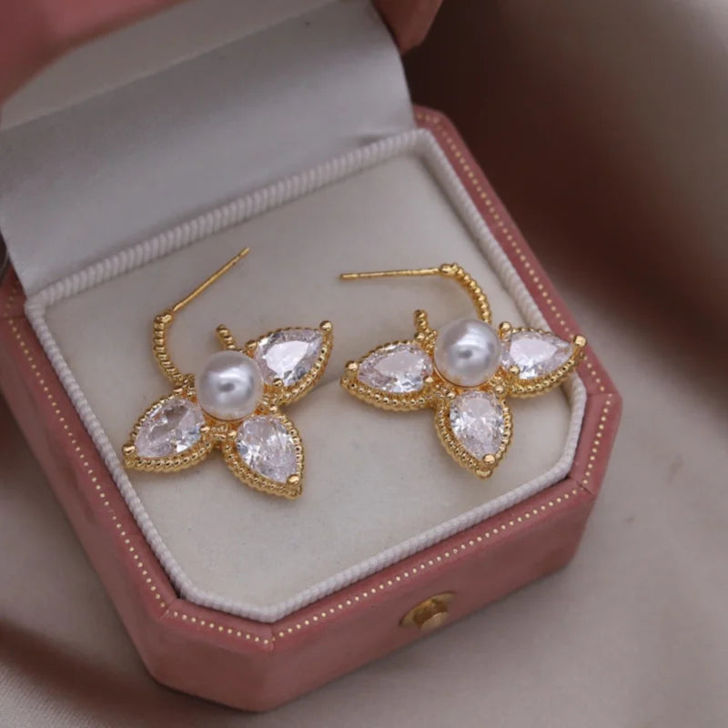 Elegant Water Drop Zircon & Pearl Earrings - Gold Plated Jewelry for Women