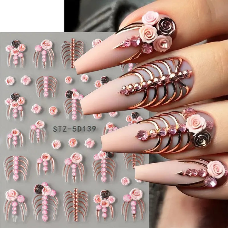 Halloween 5D Embossed Skull Nail Stickers with Pink Roses and Gold Bones for Elegant Nail Art