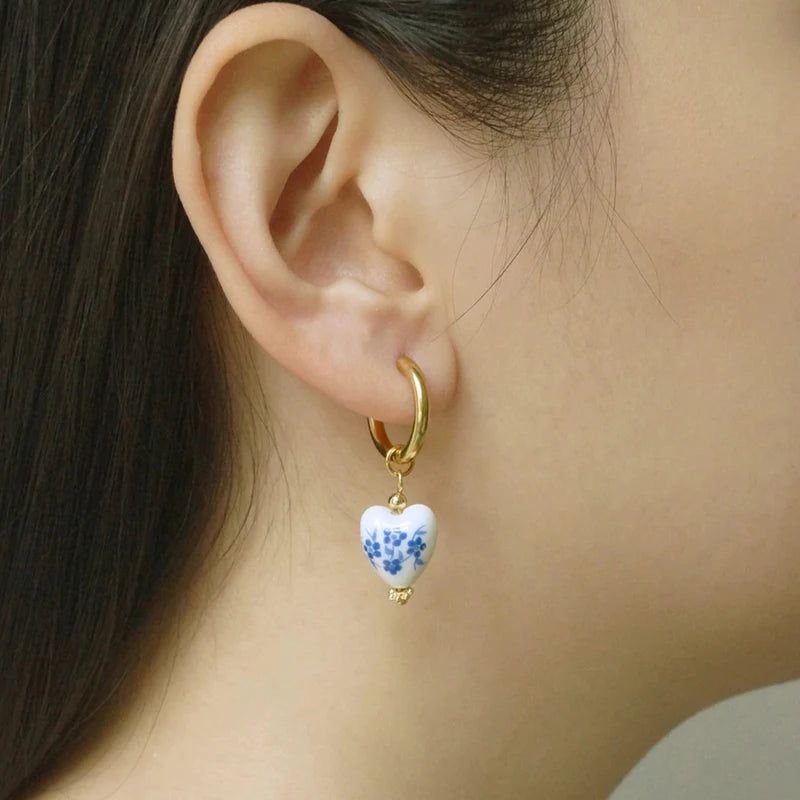 Blue & White Porcelain Teapot Pendant Earrings Vintage Ceramic Heart & Pearl Dangle Jewelry