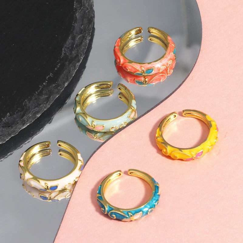Vintage Enamel Flower Adjustable Ring for Women Wedding Jewelry
