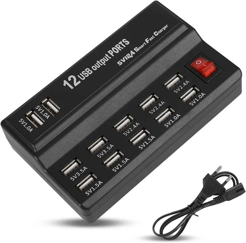 12-Port USB Charging Station Multi-Device Power Hub with EU Plug