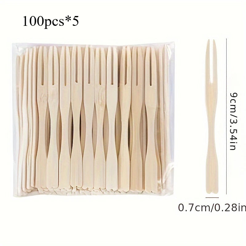 Disposable Bamboo Fruit Forks - 9cm Double Prong Cocktail Forks, 100 or 500 pcs