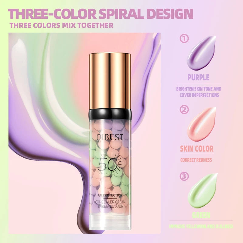 Tri-Color Makeup Primer & Concealer Cream - Brighten, Contour, SPF Waterproof Base