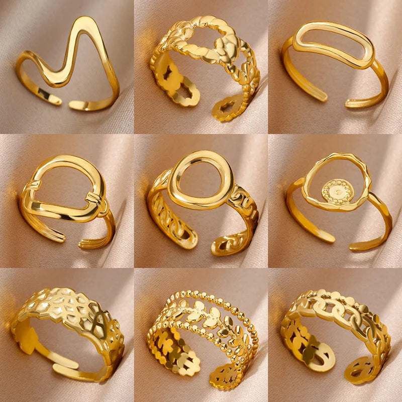 Stainless Steel Geometric Open Ring for Women - Waterproof Vintage Jewelry